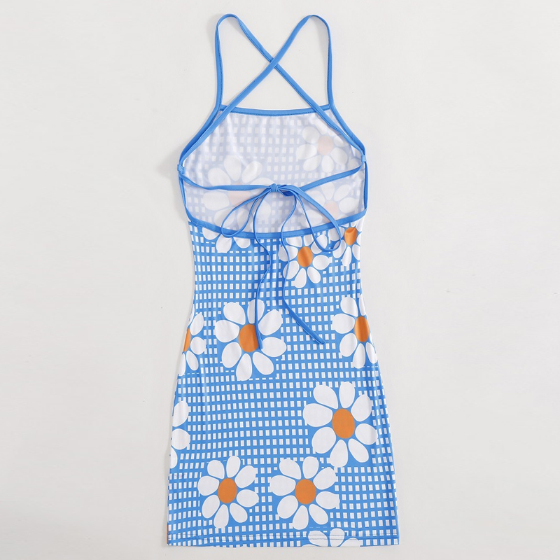 Spring Summer Fashion Blue Floral Print Dresspicture2