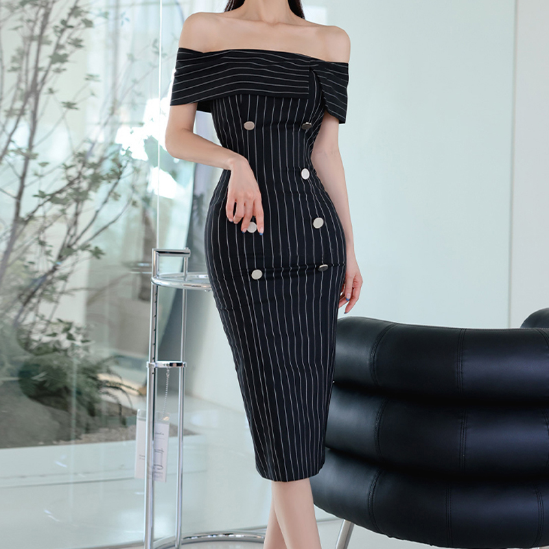 Fashion spring nude shoulder dress slim hip striped skirtpicture1