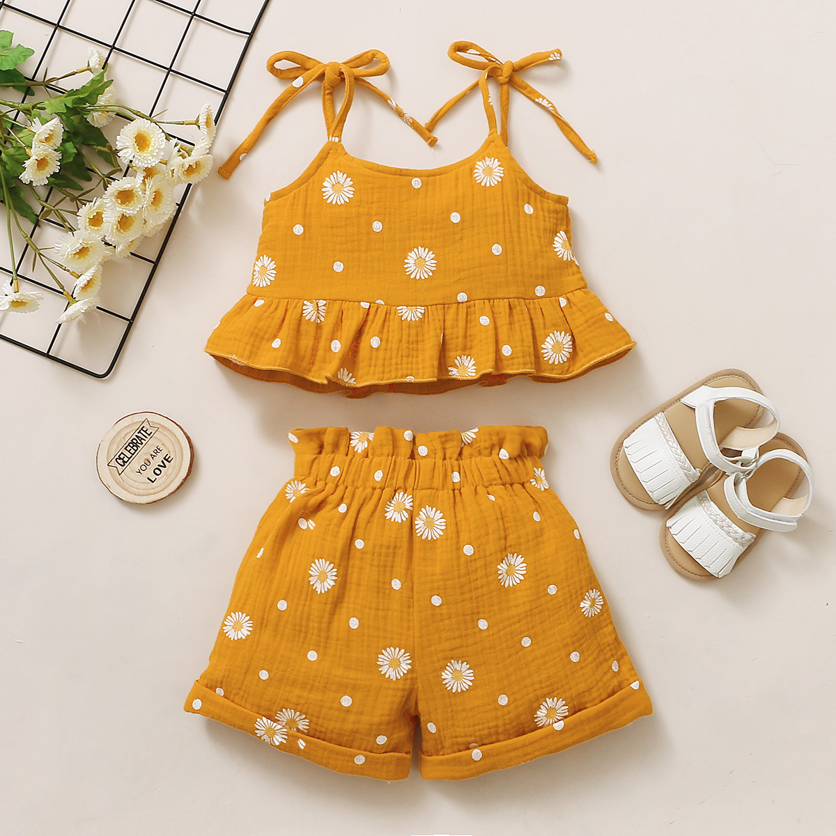 Summer Girls Daisy Sling Top Shorts Suit Casual Clothespicture3