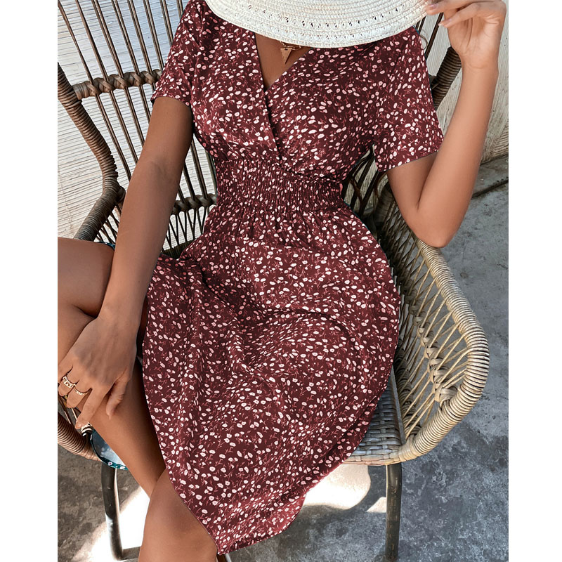 Fashion spring and summer wine red leaf spotted dress womens clothingpicture3