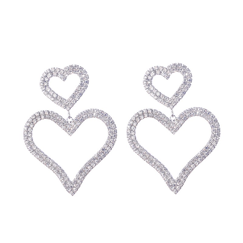 European and American fashion exaggerated diamond S925 silver needle double love earrings temperament wild long peach heart earrings earringspicture9