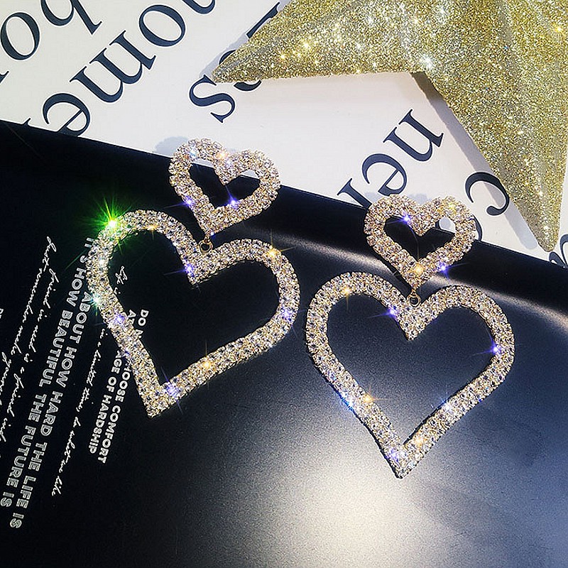 European and American fashion exaggerated diamond S925 silver needle double love earrings temperament wild long peach heart earrings earringspicture2