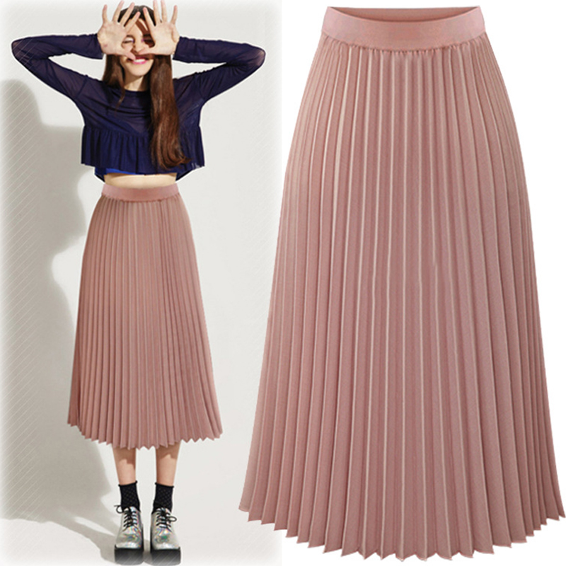 Fashion elastic waist solid color chiffon skirt pleated skirtpicture1