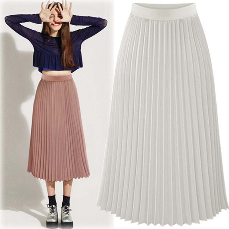 Fashion elastic waist solid color chiffon skirt pleated skirtpicture2