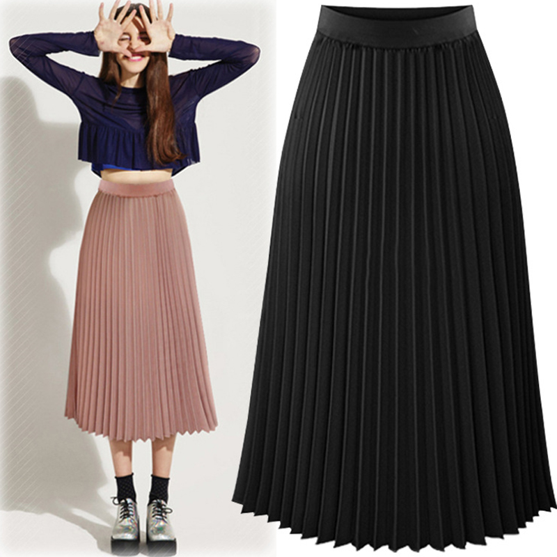 Fashion elastic waist solid color chiffon skirt pleated skirtpicture3