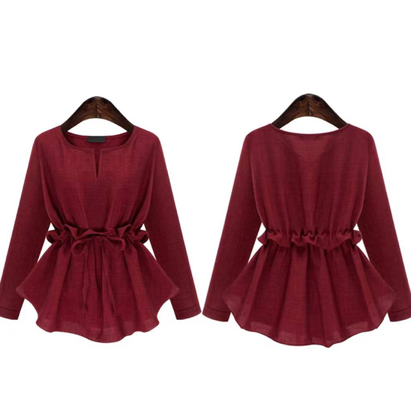 Fashion solid color waist slim cotton linen shirtpicture3