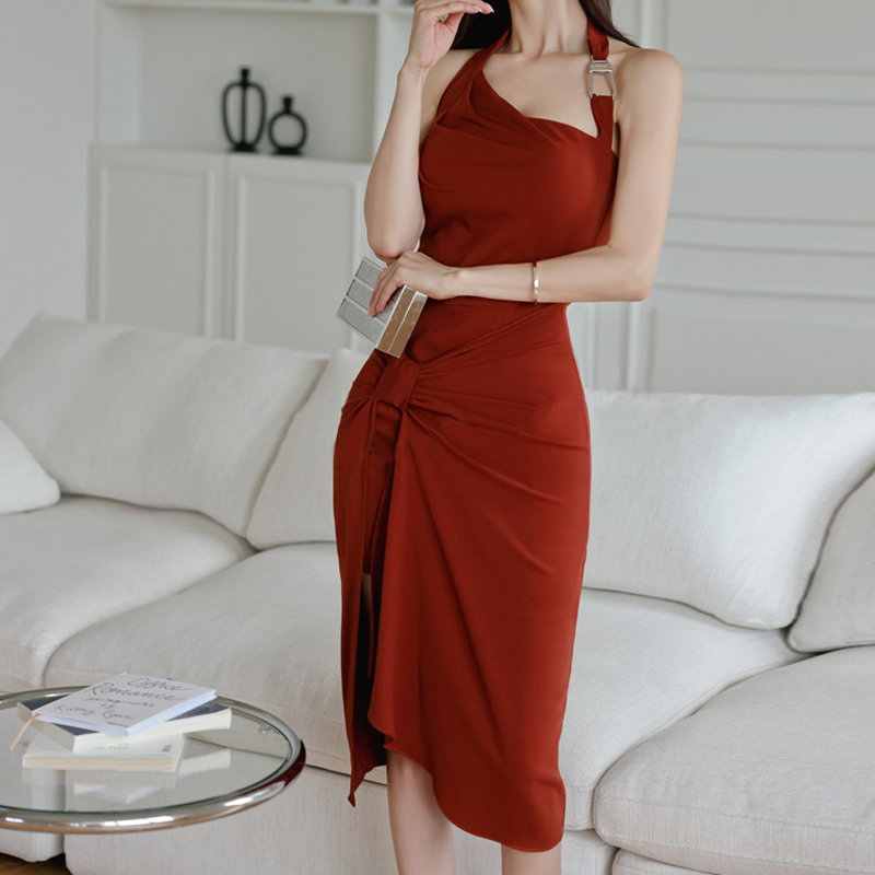 spring and summer new hanging neck slim fit slit fashion dresspicture2