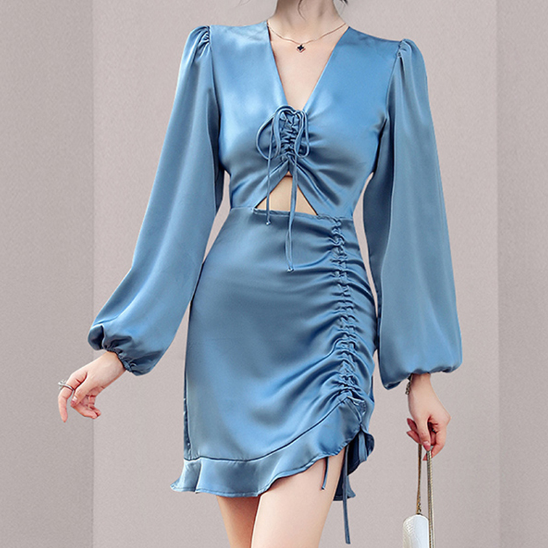 Fashion early autumn new vneck blue longsleeved waist dresspicture1
