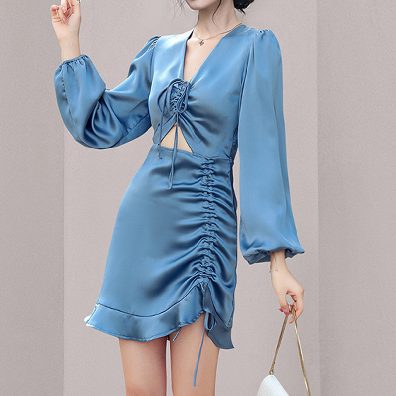 Fashion early autumn new vneck blue longsleeved waist dresspicture2