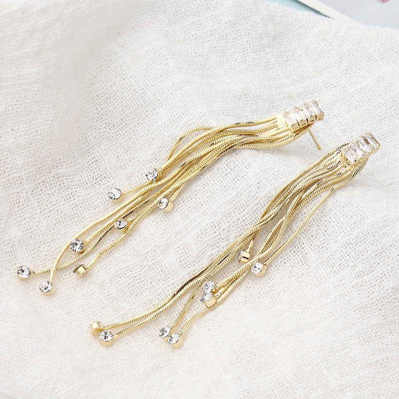 Fashion Geometric Copper Zircon Long Tassel Thin Earringspicture1