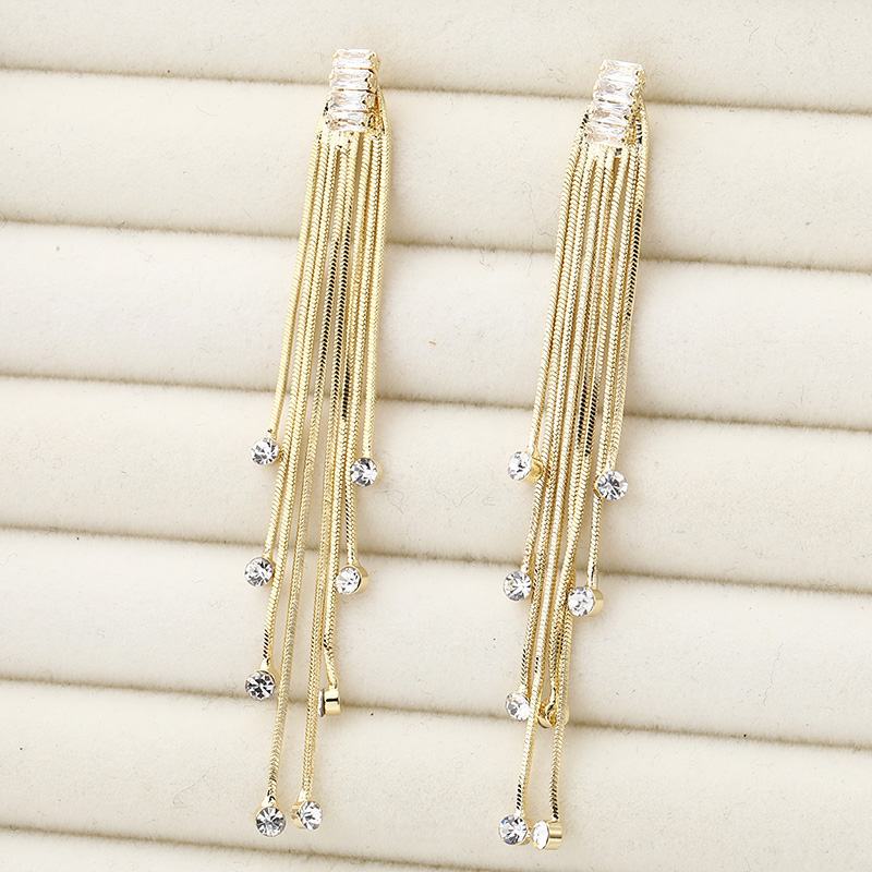 Fashion Geometric Copper Zircon Long Tassel Thin Earringspicture5