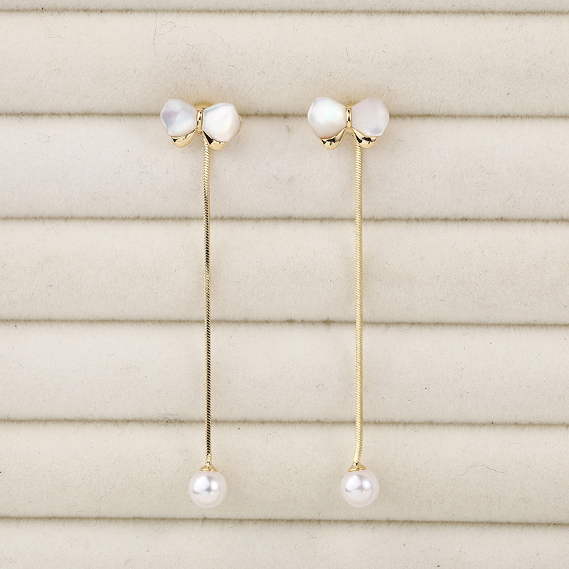 Simple opal bows long pearl copper drop earringspicture2