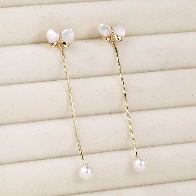 Simple opal bows long pearl copper drop earringspicture3