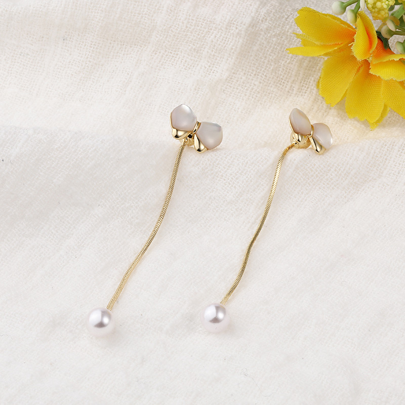 Simple opal bows long pearl copper drop earringspicture4