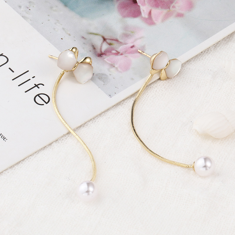 Simple opal bows long pearl copper drop earringspicture6