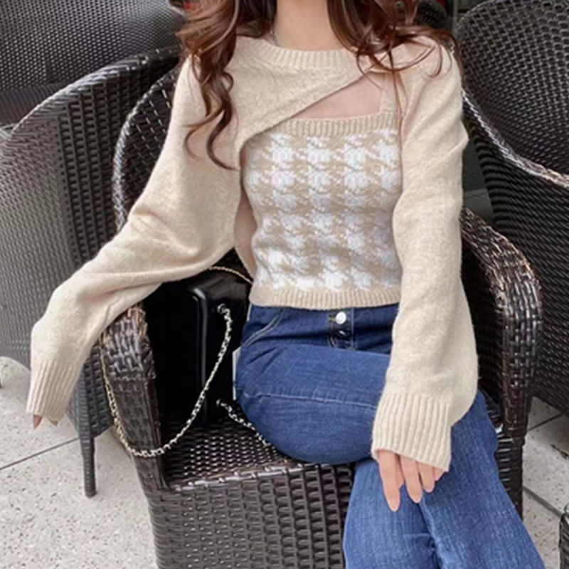 Houndstooth knitted sweater suspenders irregular longsleeved blouse top twopiece setpicture1
