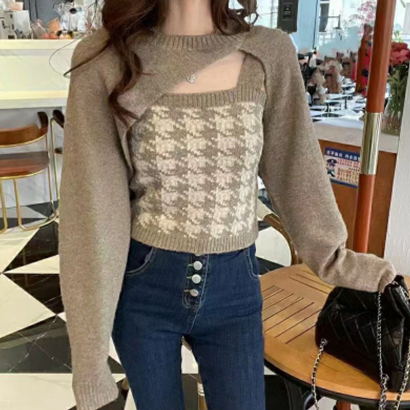 Houndstooth knitted sweater suspenders irregular longsleeved blouse top twopiece setpicture2