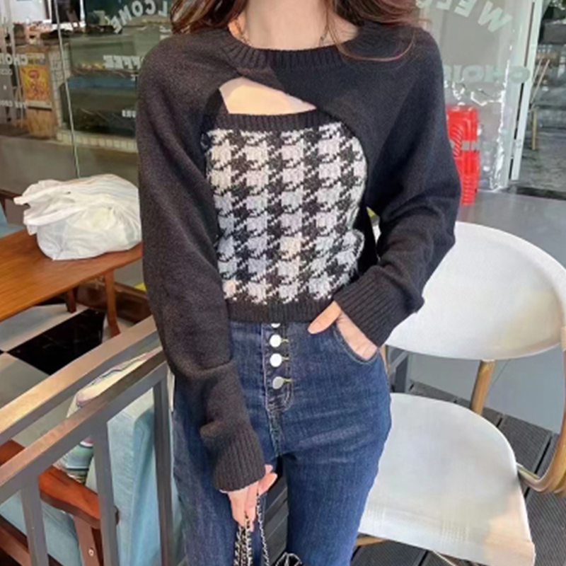 Houndstooth knitted sweater suspenders irregular longsleeved blouse top twopiece setpicture3