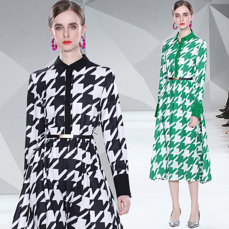 Fashion new long sleeve printed houndstooth maxi dresspicture1