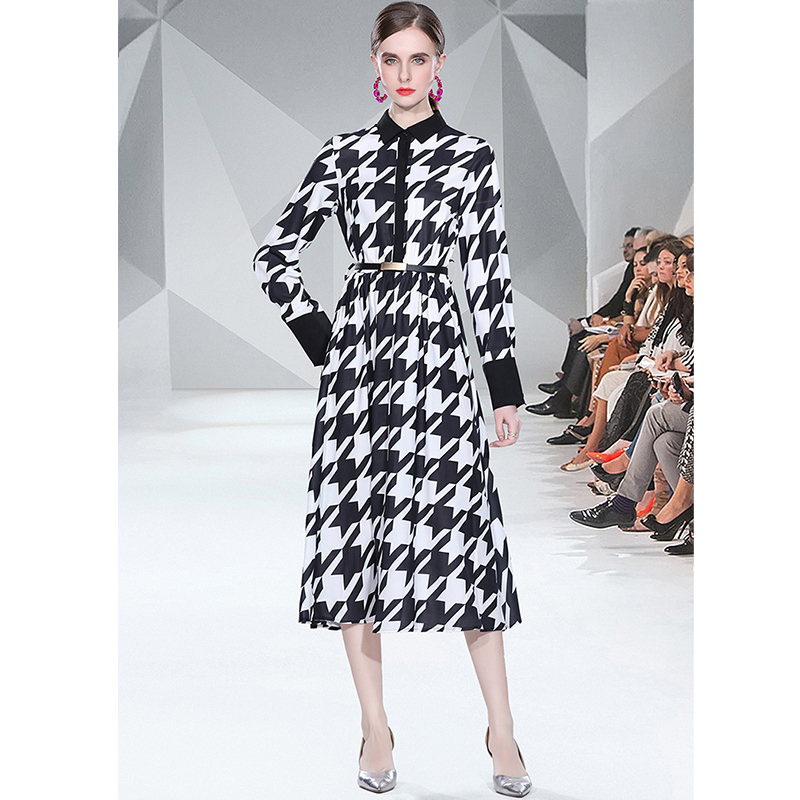 Fashion new long sleeve printed houndstooth maxi dresspicture3