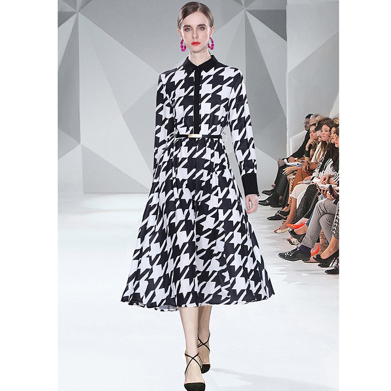 Fashion new long sleeve printed houndstooth maxi dresspicture4
