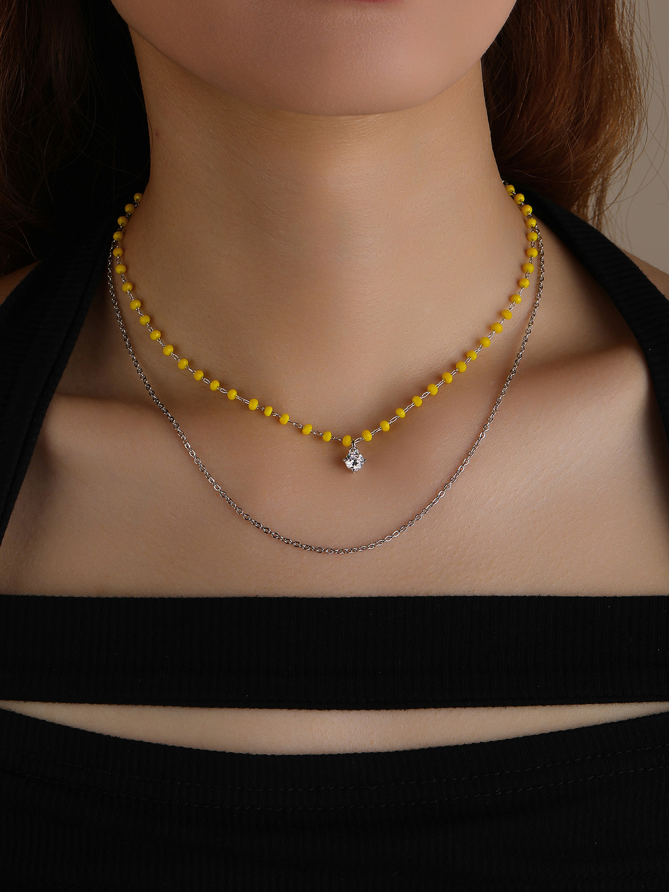 fashion yellow beads zircon pendent double chain necklacepicture4