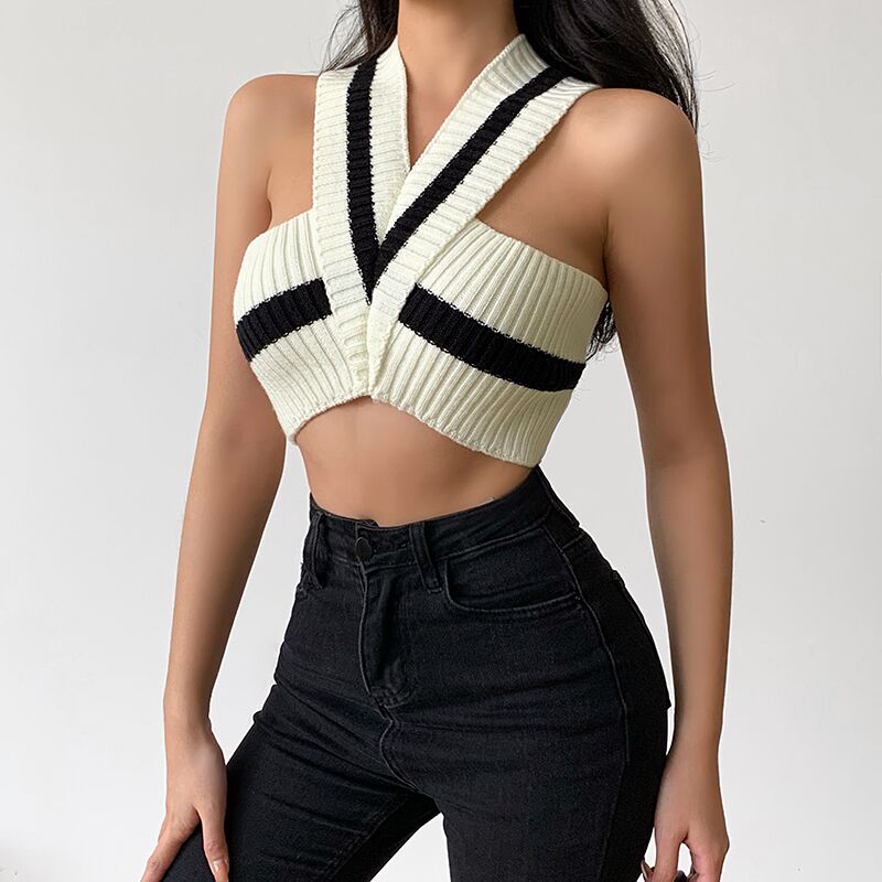 Fashion knitted vest striped sleeveless Vneck slim versatile halter toppicture1