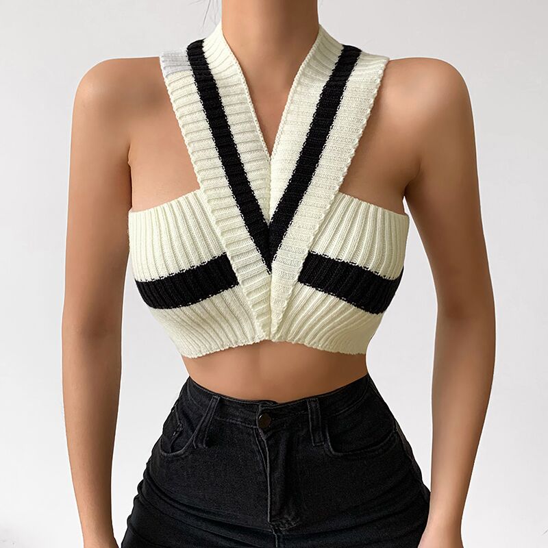 Fashion knitted vest striped sleeveless Vneck slim versatile halter toppicture2