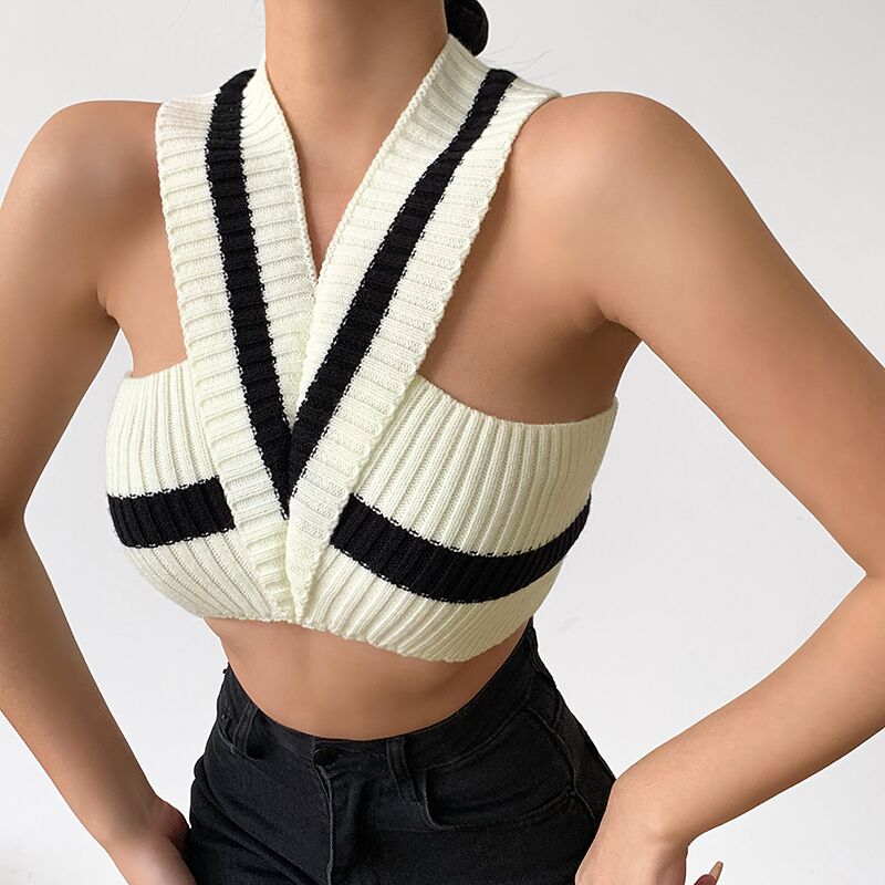 Fashion knitted vest striped sleeveless Vneck slim versatile halter toppicture3