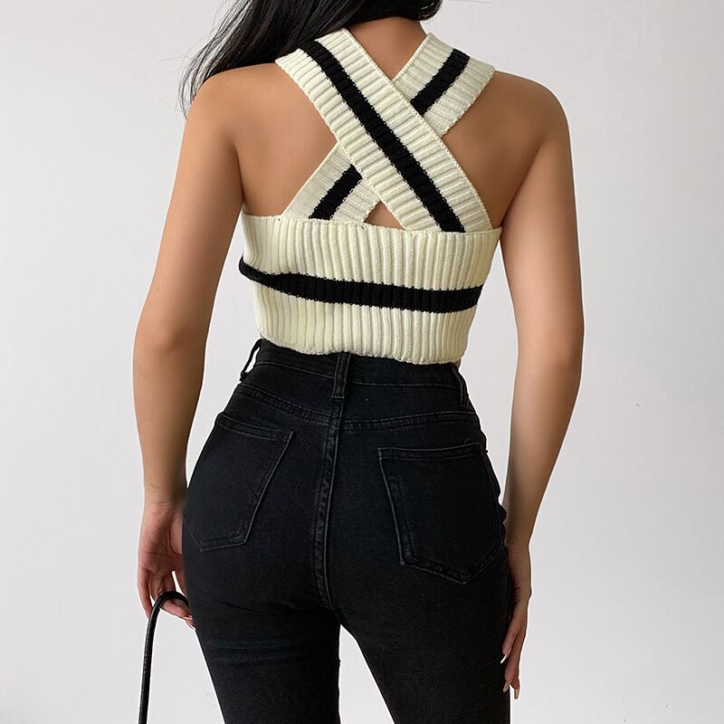 Fashion knitted vest striped sleeveless Vneck slim versatile halter toppicture4