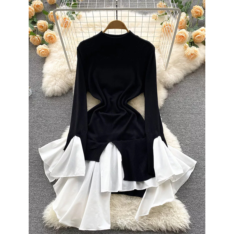 Fashion solid color splicing irregular retro slim thin knitted dresspicture1