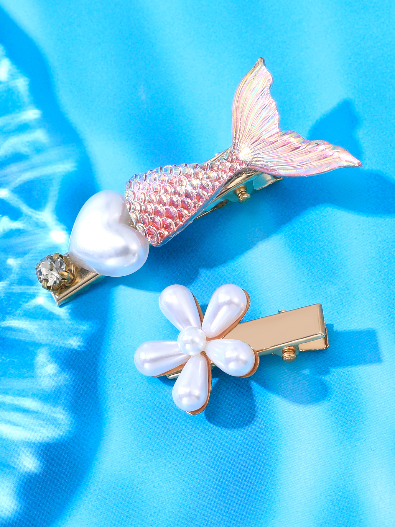 2 Piece Classic Pink Mermaid Tail White Flower Hair Clip Setpicture1