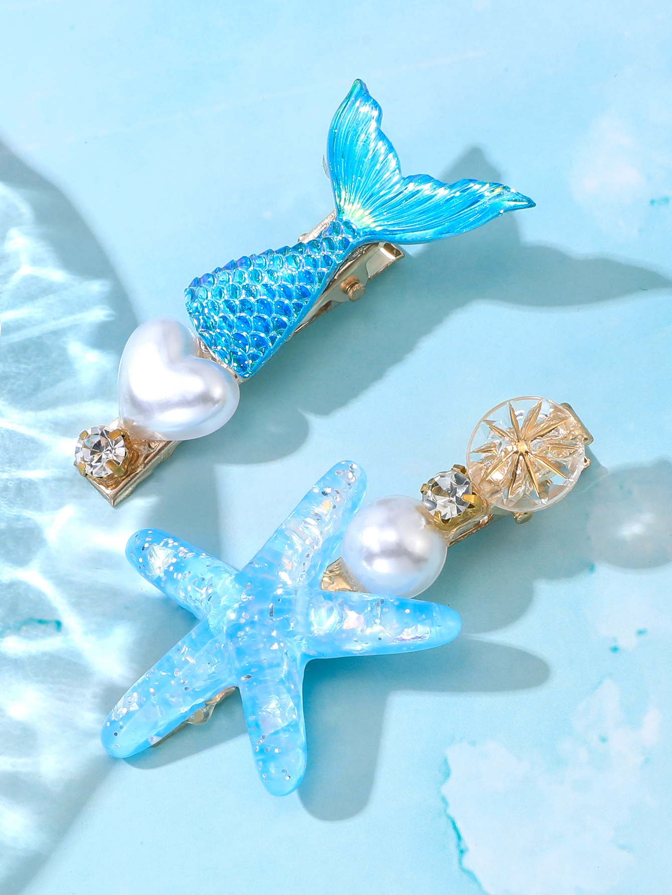 New Blue Mermaid Tail Star Pearl Hair Clip 2 Piece Setpicture1