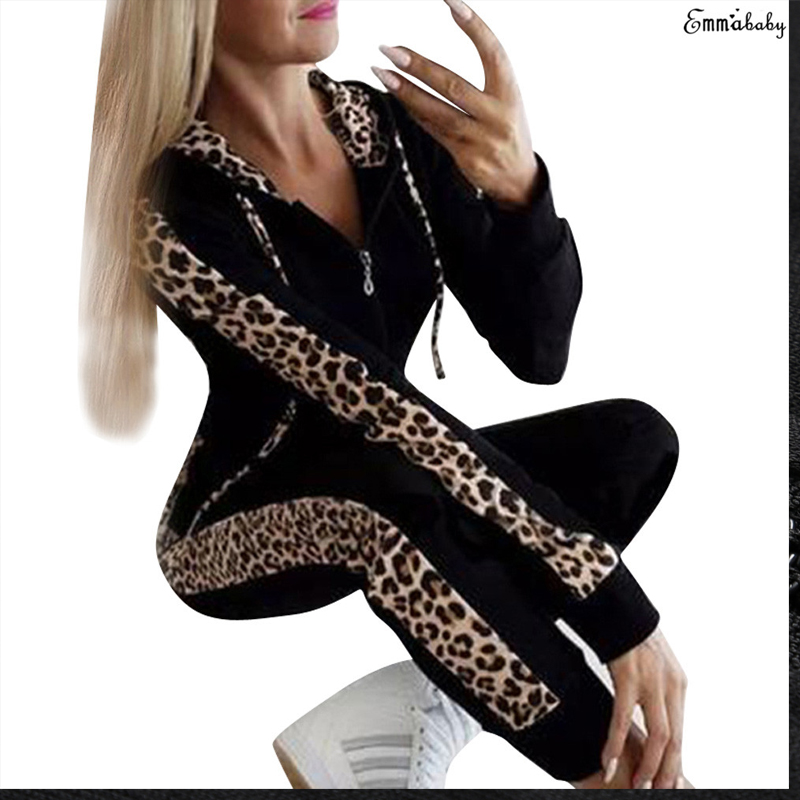 Fashion Leopard Print Long Sleeve Pocket Fleece Zip Hoodie Trousers Womens Suitpicture4