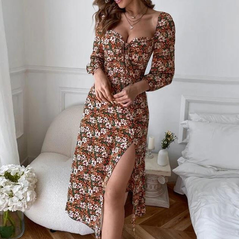Ladies Spring and Autumn New Fashion Printed Slit Long Dresspicture1