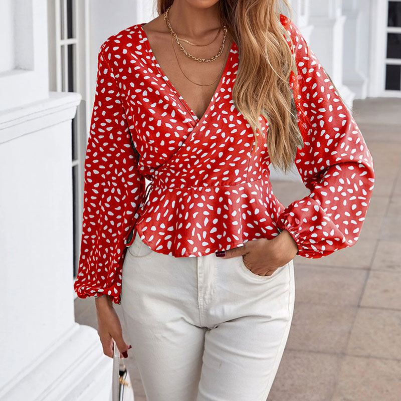 Ladies Spring and Autumn Casual VNeck Slim Fit Polka Dot Long Sleeve Shirtpicture3