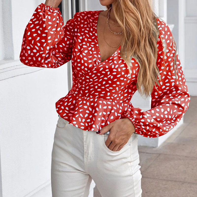 Ladies Spring and Autumn Casual VNeck Slim Fit Polka Dot Long Sleeve Shirtpicture4