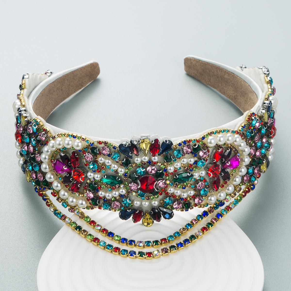 Baroque Gorgeous Tassel Inlaid Colorful Diamond Wide Headbandpicture3