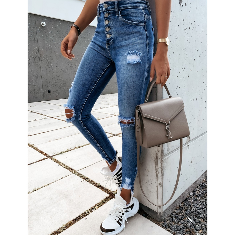 Ladies jeans fashion slim fit ripped denim trousers with fringepicture2