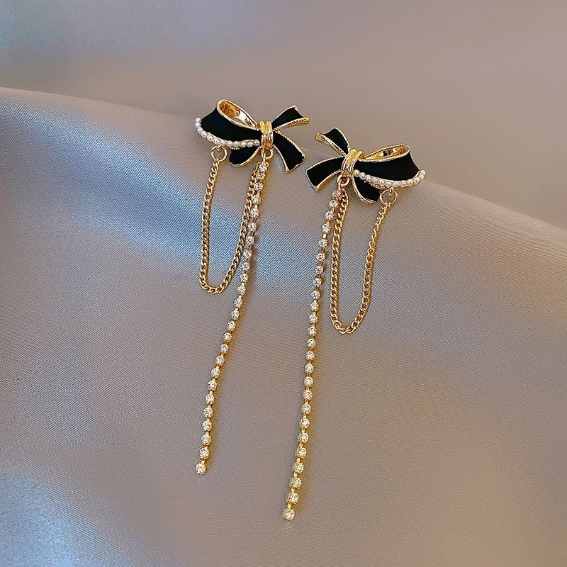 Celebrity style tassel long pearl black bow earrings niche design fashion highend earrings feminine temperamentpicture1