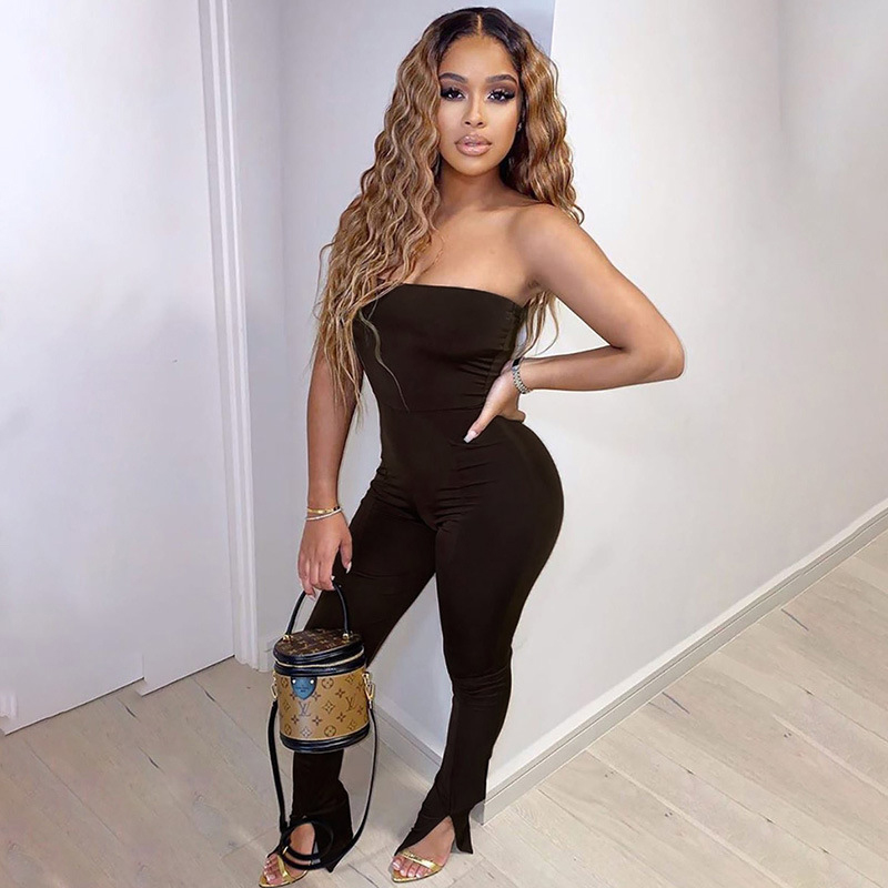 Womens 2022 new spring and summer fashion one word tube top slim fit slim slit pencil pants jumpsuitpicture4