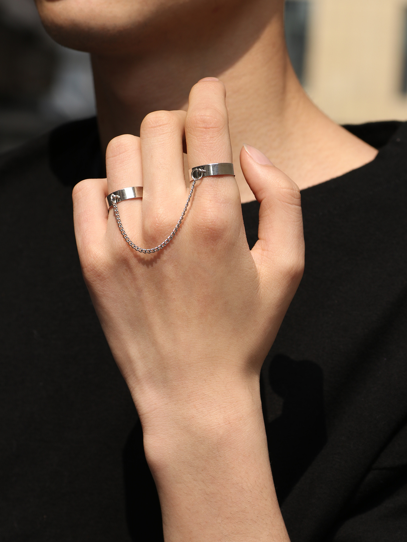 punk style link chain open two-finger ring