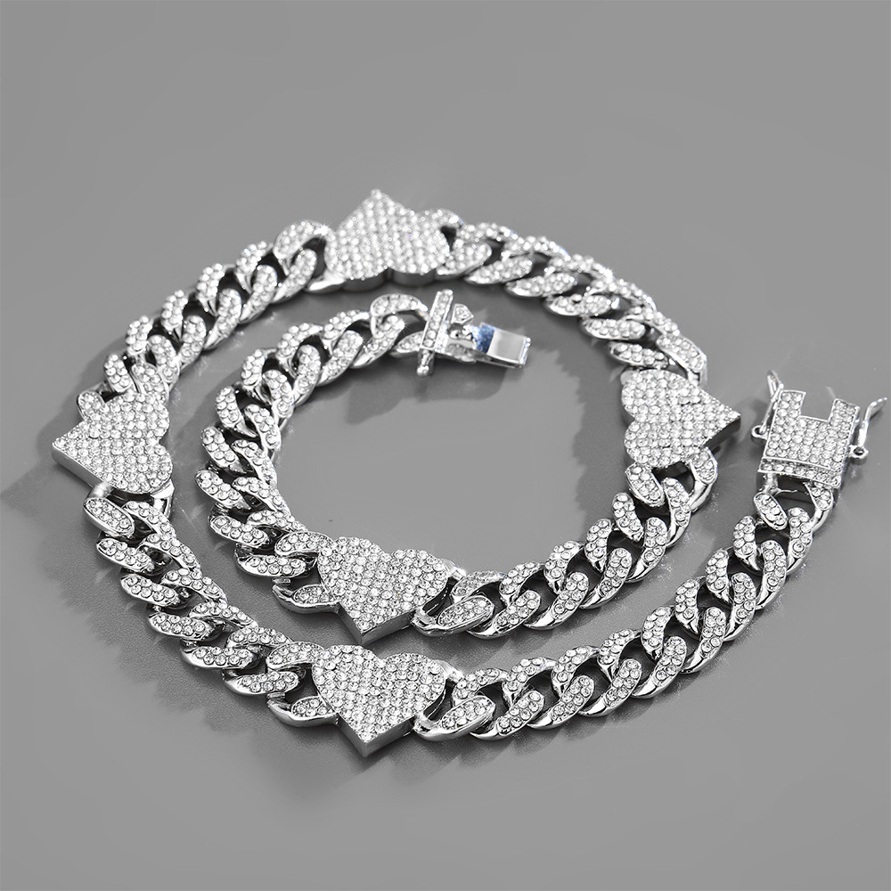 hiphop Cuban chain heart stitching rhinestone necklace adjustable braceletpicture1