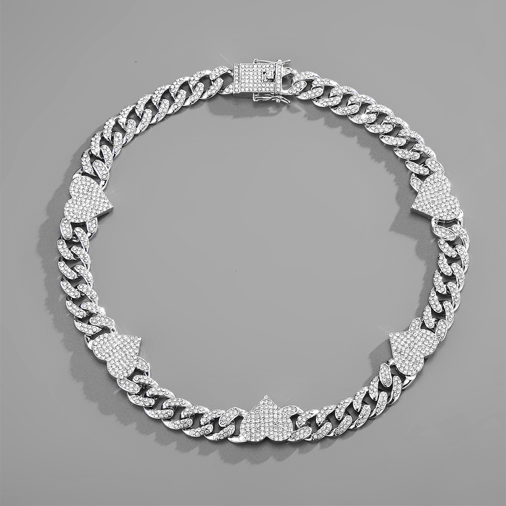 hiphop Cuban chain heart stitching rhinestone necklace adjustable braceletpicture7