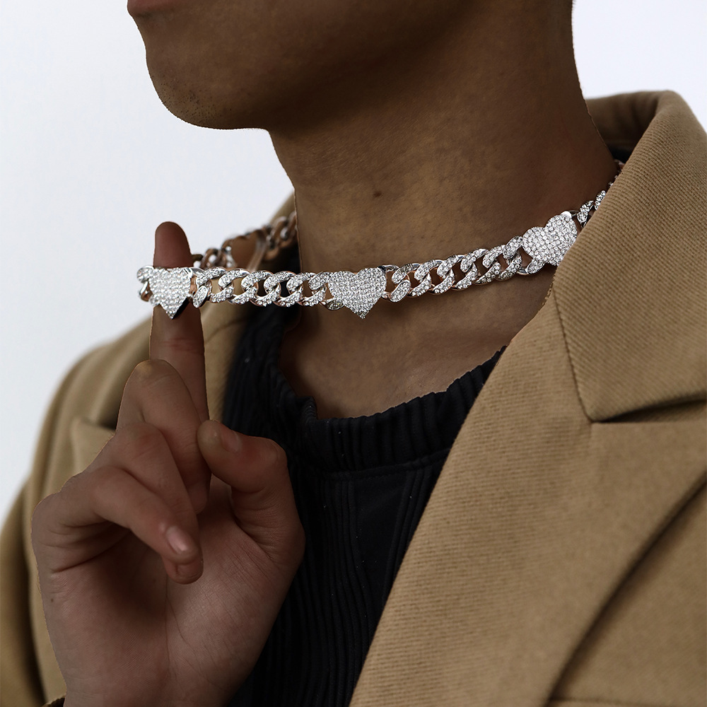 hiphop Cuban chain heart stitching rhinestone necklace adjustable braceletpicture6