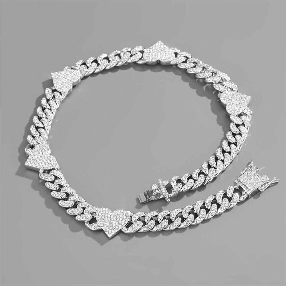 hiphop Cuban chain heart stitching rhinestone necklace adjustable braceletpicture5