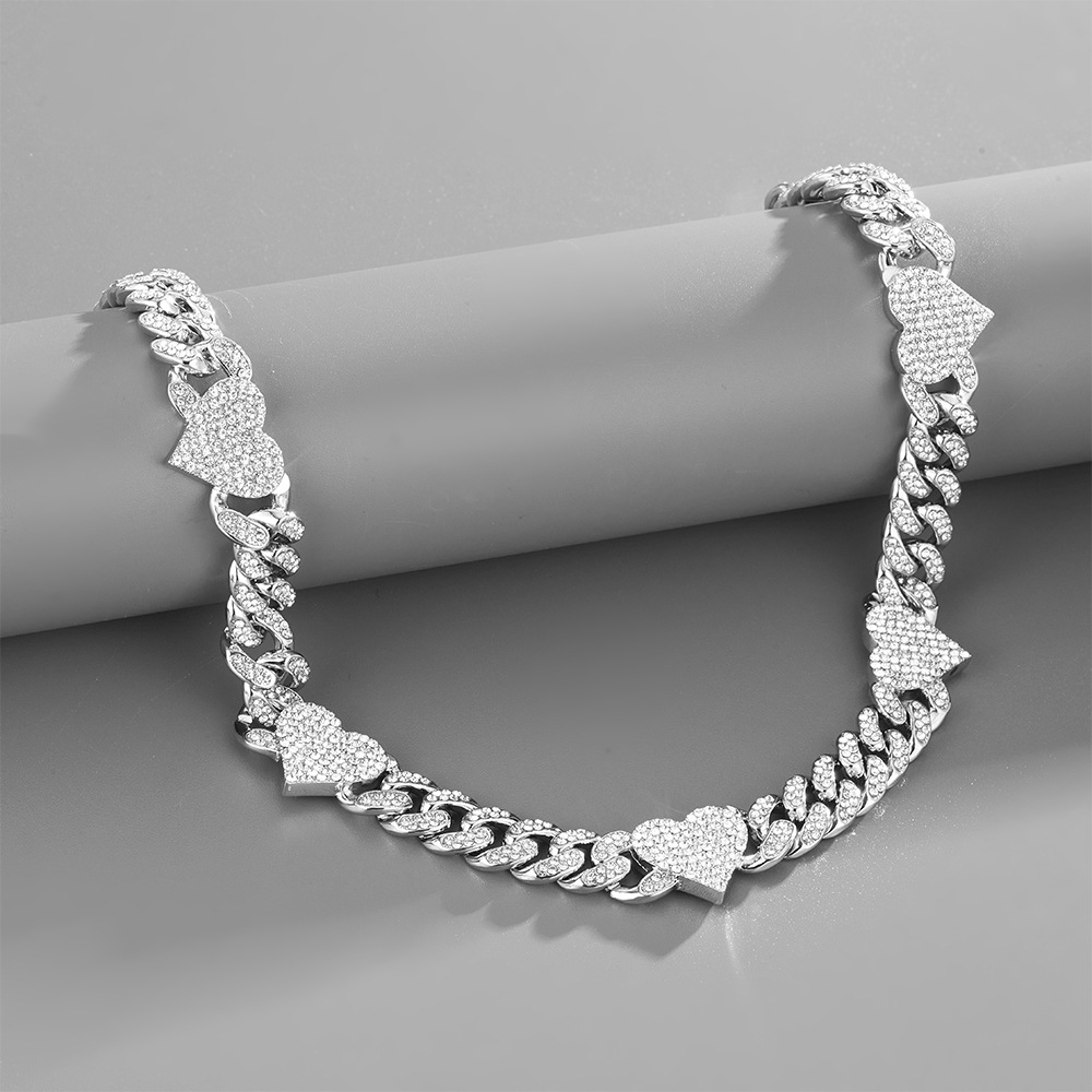 hiphop Cuban chain heart stitching rhinestone necklace adjustable braceletpicture4