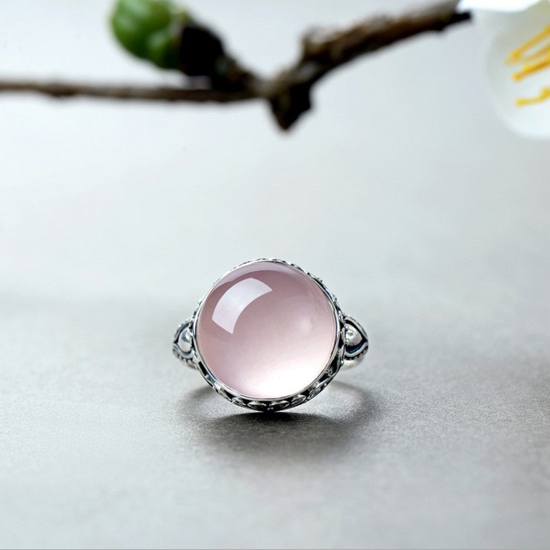 vintage inlaid round pink crystal hibiscus stone ring