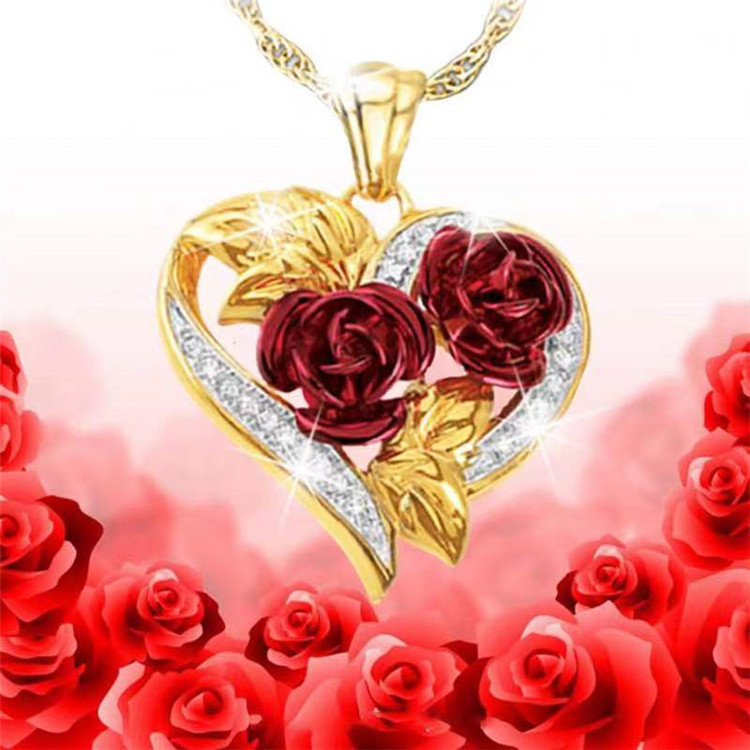 Nouveau collier en alliage de rose rouge en forme de coeur bijoux de mode pendentif en diamantpicture1