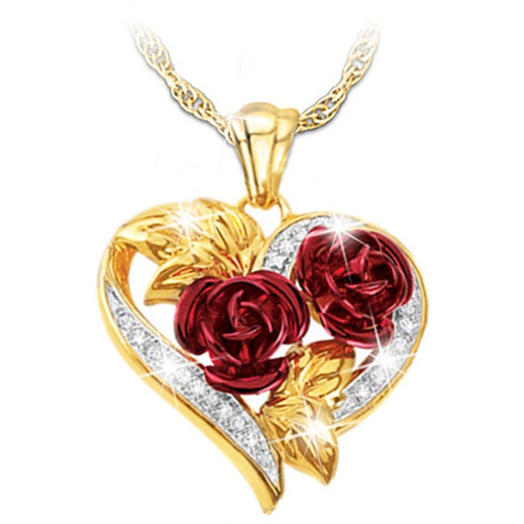 Nouveau collier en alliage de rose rouge en forme de coeur bijoux de mode pendentif en diamantpicture2
